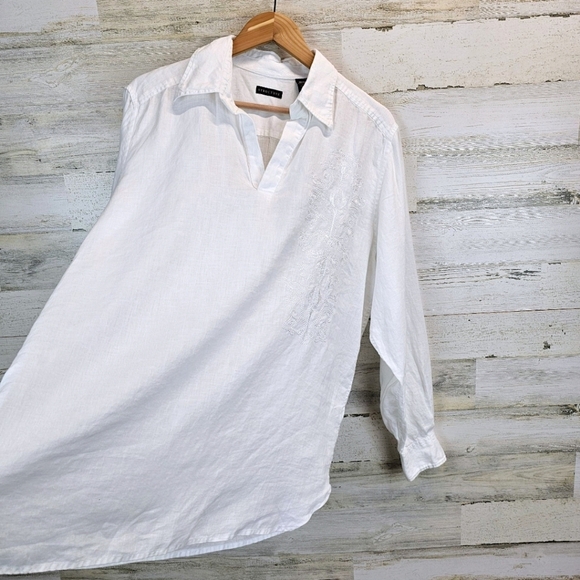 Structure 100% Linen Oversized Embroidered V-Neck Shirt Medium White Minimalist - Picture 5 of 13
